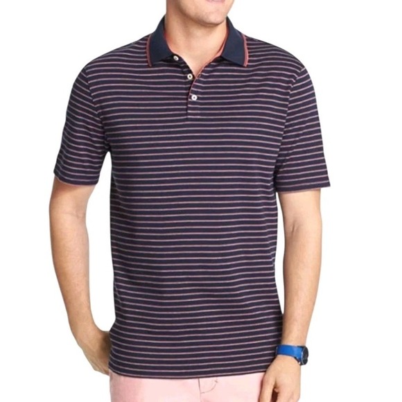 GOLD LABEL Roundtree & York Men Golf Polo Stripped SZ M PTP 44 Blue Red Stripes - Picture 1 of 10